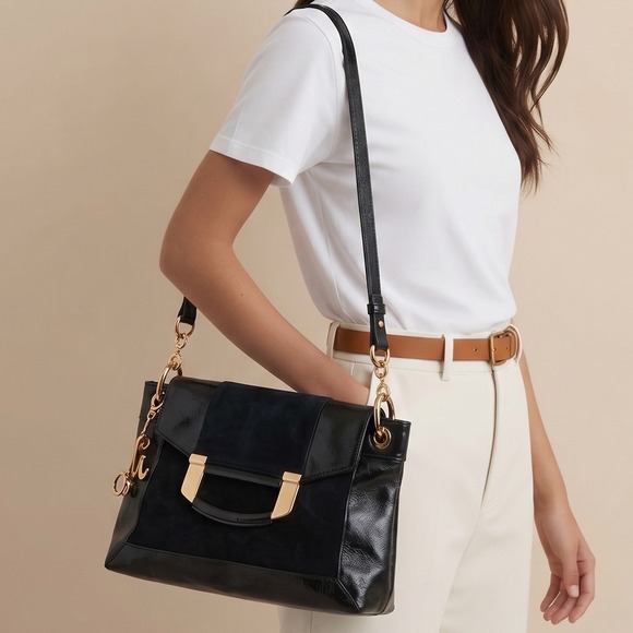 Milly Handbags - Milly Black Leather and Suede Shoulder Bag Gold Hardware Logo Charm